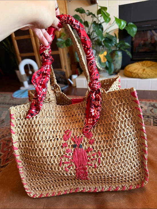 Target Handbags - Target Straw Crochet Tote with Pink Embroidered Lobster and Red Scarf Handles